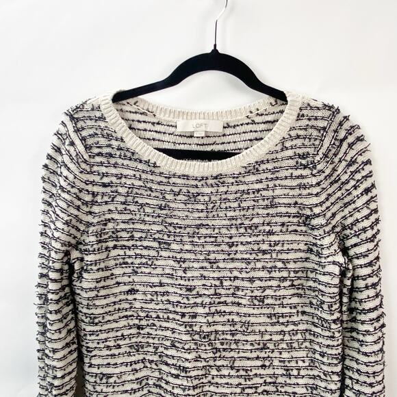 LOFT Medium Womens Black Ivory Cream Striped Speckle Fringe Pullover Knit Top - Picture 2 of 7